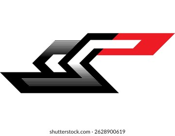 Vector striped red-black arrow on white. Design element. Sport racing pattern. Direction indicator, navigation. Stripe on car, motorcycle, boat, sports car and toy. Vector background