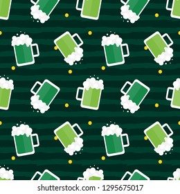 Vector striped seamless pattern background with green beer mugs and dots for St.Patrick's Day, national holiday in Ireland.