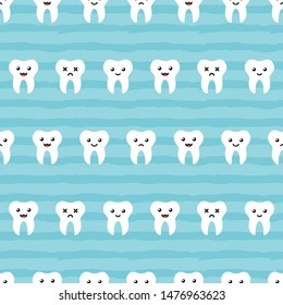 Vector striped seamless pattern background for dental care and stomatology with cute teeth characters.