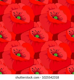 Vector striped seamless pattern with big poppy flowers. Decorative ornament for fabric, textile, wrapping paper. Traditional seamless pattern. Floral wallpaper in red colors.