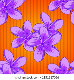 Vector striped seamless pattern with big plumeria flowers. Traditional seamless paisley pattern. Decorative ornament for fabric, textile, wrapping paper. Floral wallpaper in violet and orange colors.