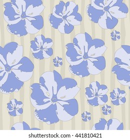 Vector striped seamless pattern with blue flowers
