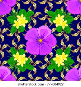 Vector striped seamless pattern with cosmos flowers. Floral wallpaper in blue, violet and green colors. Decorative ornament for fabric, textile, wrapping. Traditional oriental seamless paisley pattern