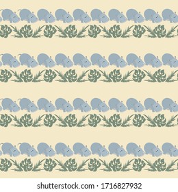 Vector of striped seamless pattern with cute hippopotamus and tropical leaves