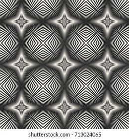 Vector striped seamless pattern with diagonal cross lines, intersecting stripes, angled shapes, stars. Abstract monochrome geometric texture. Optical illusion. Repeat background. Futuristic design