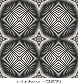 Vector striped seamless pattern with diagonal cross lines, intersecting stripes, stars. Abstract monochrome geometric texture. Optical illusion. Modern repeat background. Decorative design element 