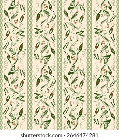 Vector striped seamless pattern from green pea plant borders and braids on a beige background