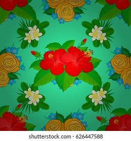 Vector striped seamless pattern with hibiscus flowers. Traditional oriental seamless paisley pattern. Floral wallpaper on a green background. Decorative ornament for fabric, textile, wrapping paper.