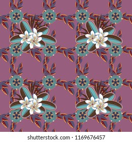 Vector striped seamless pattern with plumeria flowers. Floral wallpaper in brown, violet and blue colors. Decorative ornament for fabric, textile, wrapping paper. Oriental seamless paisley pattern.