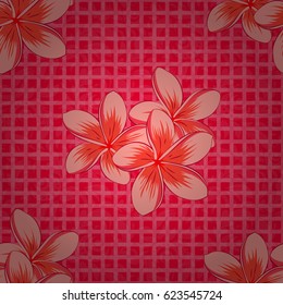 Vector striped seamless pattern with plumeria flowers. Decorative ornament for fabric, textile, wrapping paper. Traditional oriental seamless paisley pattern. Floral wallpaper on a red background.