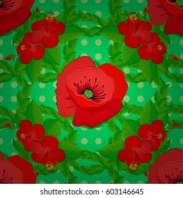 Vector striped seamless pattern with poppy flowers. Traditional oriental seamless paisley pattern. Floral wallpaper on a green background. Decorative ornament for fabric, textile, wrapping paper.