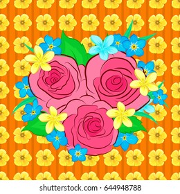 Vector striped seamless pattern with rose flowers and green leaves. Traditional oriental seamless pattern. Floral wallpaper on orange backdrop. Decorative ornament for fabric, textile, wrapping paper.