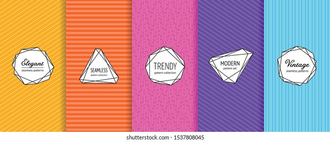 Vector striped seamless patterns collection. Set of colorful geometric background swatches with modern labels. Minimalist texture with lines, stripes. Bright colors, purple, pink, orange, yellow, blue