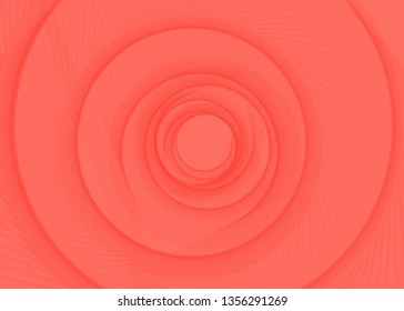 Vector striped spiral abstract tunnel red coral background. Spiral funnel. Living coral color twisted center. Exciting gently harnesses optical illusion abstract elegant modern swirl perspective grid