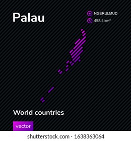 Vector striped stylized flat map of Palau in violet colors on the black striped background