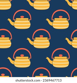 Vector striped tea kettles seamless pattern. Trendy yellow and red tea kettles on dark blue background. Tea time backdrop.