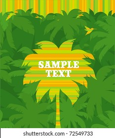 Vector striped tropical palm tree & flying hummingbird on a jungle forest green background