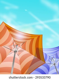 Vector striped  umbrellas on a background of a flying airplane