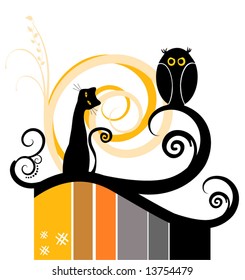 Vector Stripes Design with Cat and Owl Silhouette