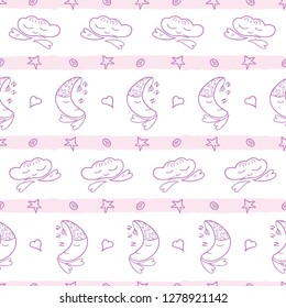 Vector stripes and moons, clouds, hearts and stars seamless pattern background in purple, pink and white colors. Cute childish style doodle elements. Good for fabric, pajamas, bedding.