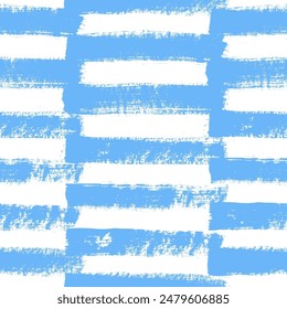 Vector stripes pattern. Seamless blue and white brush stroke background. Striped print with distress texture. Painted ornament for kids. Childish design