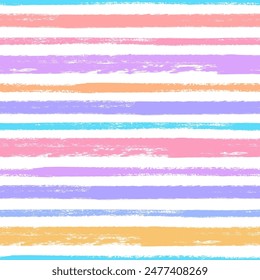 Vector stripes pattern. Seamless colorful brush stroke background. Striped print in pink, purple, blue, orange, yellow and white colors. Painted ornament for kids. Rainbow motif. Childish design