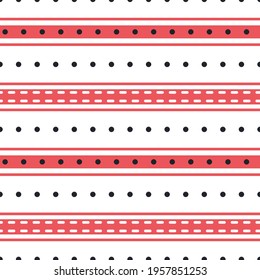 Vector stripes and polka dot seamless pattern background. Modern red black white backdrop with shirting horizontal stripe repeat in varying widths. Striped fabric style ticking design. All over print.