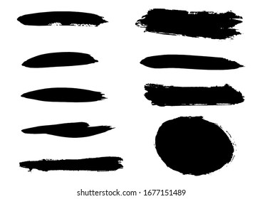 Trazos vectoriales. Conjunto de trazos de tinta negra. Elementos De Diseño Sucio Grunge. Trazos de grifo vectorial. Formas texturadas modernas. Pintura de mano libre. Vector con problemas. Marco geométrico. Líneas de pincel negro.