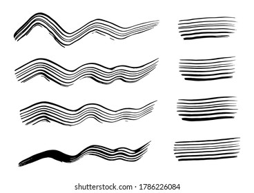 Vector Stripes. Set of Black Ink Strokes. Grunge Dirty Stylish Elements. Vector Grunge Stripes. Modern Textured Design. Freehand Design. Distressed Banner. Geometric Vector. Black Brush Texture.