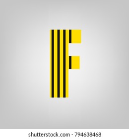 Vector stripped alphabet. Letter F.Gray gradient background