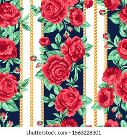 Vector stripped seamless floral pattern with red rose flowers and gold chains. Trendy fashion scarf background