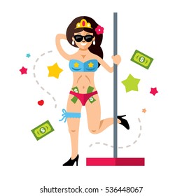 Vector Stripper with earning money in strip club. Flat style colorful Cartoon illustration.