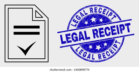 Vector stroke agreement page icon and Legal Receipt seal stamp. Blue round textured seal stamp with Legal Receipt text. Black isolated agreement page icon in linear style.