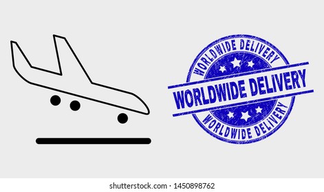 Vector stroke airplane arrival pictogram and Worldwide Delivery seal stamp. Blue rounded scratched seal stamp with Worldwide Delivery caption. Black isolated airplane arrival pictogram in line style.