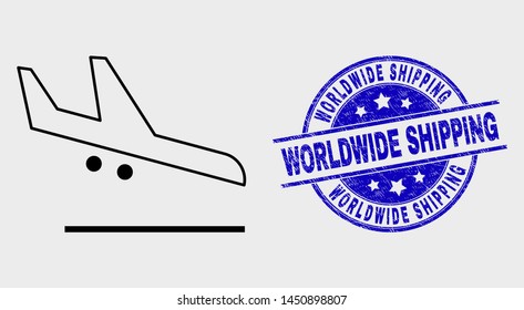 Vector stroke airplane landing icon and Worldwide Shipping watermark. Blue rounded textured watermark with Worldwide Shipping title. Black isolated airplane landing symbol in stroke style.