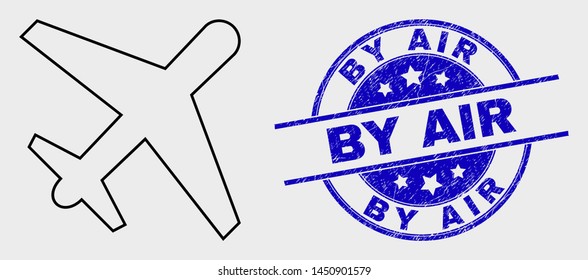 Vector stroke airplane pictogram and By Air seal stamp. Blue rounded distress seal stamp with By Air phrase. Black isolated airplane pictogram in contour style.