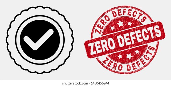 Vector stroke approve seal icon and Zero Defects seal stamp. Blue round textured stamp with Zero Defects phrase. Black isolated approve seal icon in line style.