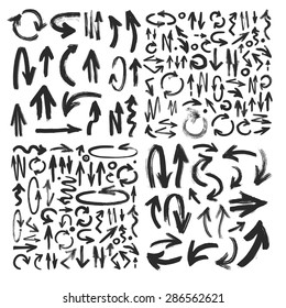 Vector stroke arrow mega set. Symbol of motion and life, arrows on a black background. Brush stroke sketch collection. Collection of grungy vector abstract hand-painted brush and stroke arrows