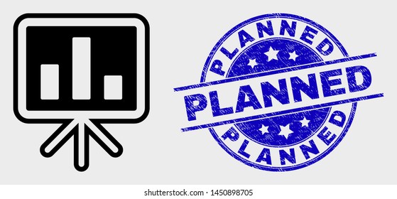 Vector stroke bar chart presentation pictogram and Planned stamp. Blue round distress stamp with Planned phrase. Black isolated bar chart presentation pictogram in contour style.