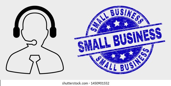 Vector stroke call center manager icon and Small Business stamp. Blue round scratched watermark with Small Business message. Black isolated call center manager icon in stroke style.