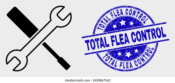 Vector stroke configuration tools pictogram and Total Flea Control stamp. Blue round distress seal stamp with Total Flea Control title. Black isolated configuration tools symbol in stroke style.
