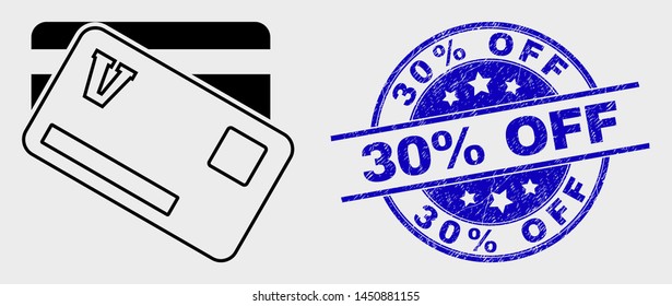 Vector stroke credit cards icon and 30% Off seal. Blue rounded textured seal stamp with 30% Off caption. Black isolated credit cards icon in line style.