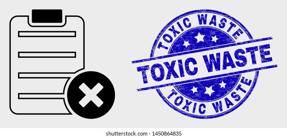 Vector stroke delete report page pictogram and Toxic Waste seal stamp. Blue round grunge seal stamp with Toxic Waste title. Black isolated delete report page symbol in stroke style.