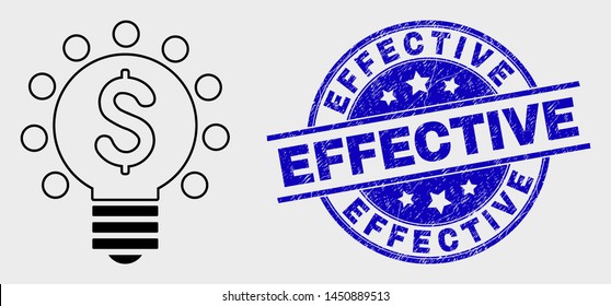 Vector stroke dollar light bulb pictogram and Effective stamp. Blue rounded grunge seal stamp with Effective message. Black isolated dollar light bulb pictogram in stroke style.