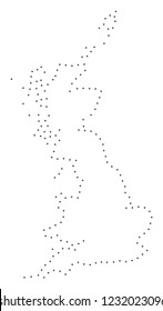 Vector stroke dot Great Britain map in black color, small border points have diamond shape. Follow the path points and get Great Britain map. Educational geographic sketch for Great Britain map quiz.