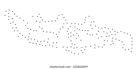 Vector stroke dot Indonesia map in black color, small border points have diamond shape. Connect the path points and get Indonesia map. Educational geographic sketch for Indonesia map quiz.