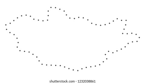 Vector stroke dot Mongolia map in black color, small border points have diamond shape. Track the path points and get Mongolia map. Educational geographic draft for Mongolia map quiz.