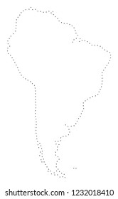 Vector stroke dot South America map in black color, small border points have diamond shape. Track the path points and get South America map. Educational geographic template for South America map quiz.