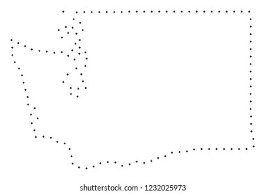 Vector Stroke Dot Washington State Map In Black Color, Small Border Points Have Diamond Shape. Connect The Path Points And Get Washington State Map.