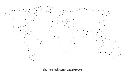 Vector stroke dot world map in black color, small border points have diamond shape. Discover the frame points and get world map. Educational geographic sketch for world map quiz.